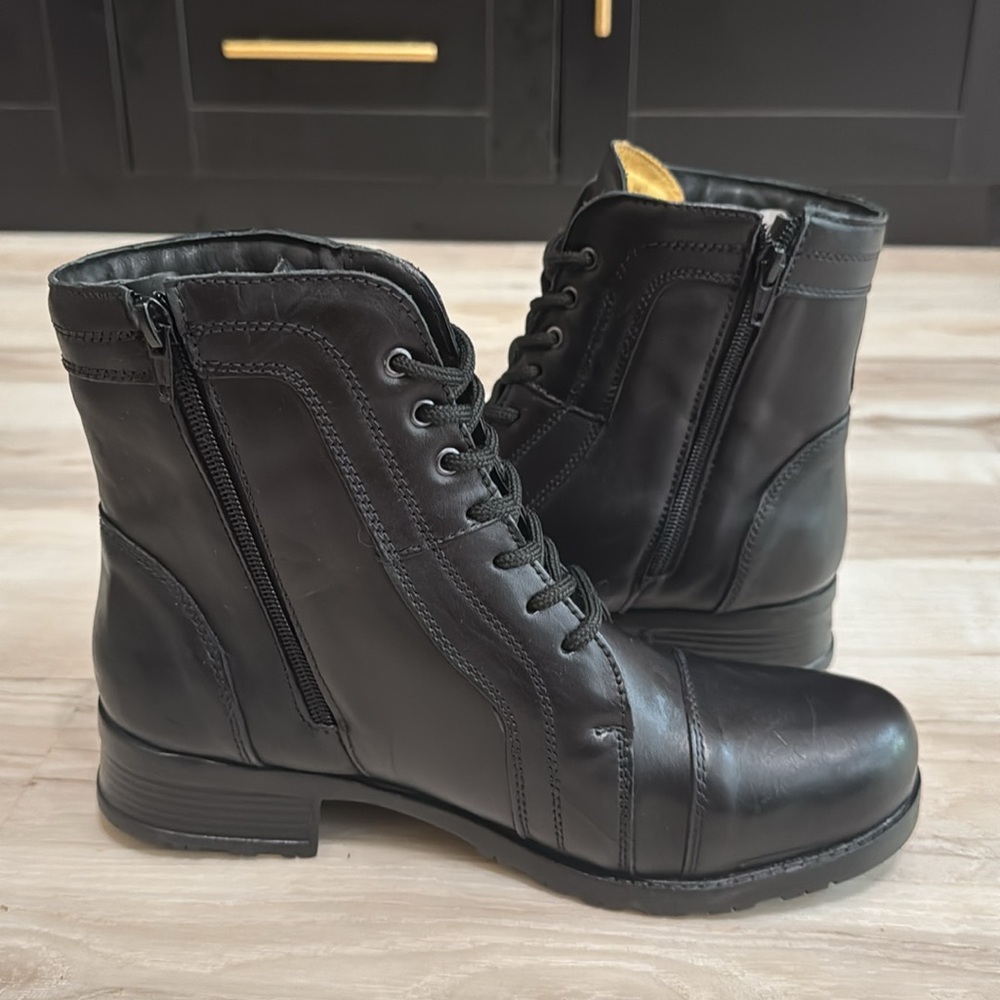 Sandro Moscoloni Black Leather Combat Moto Boots Lace Up Side Zip Sz 10 - Picture 3 of 8